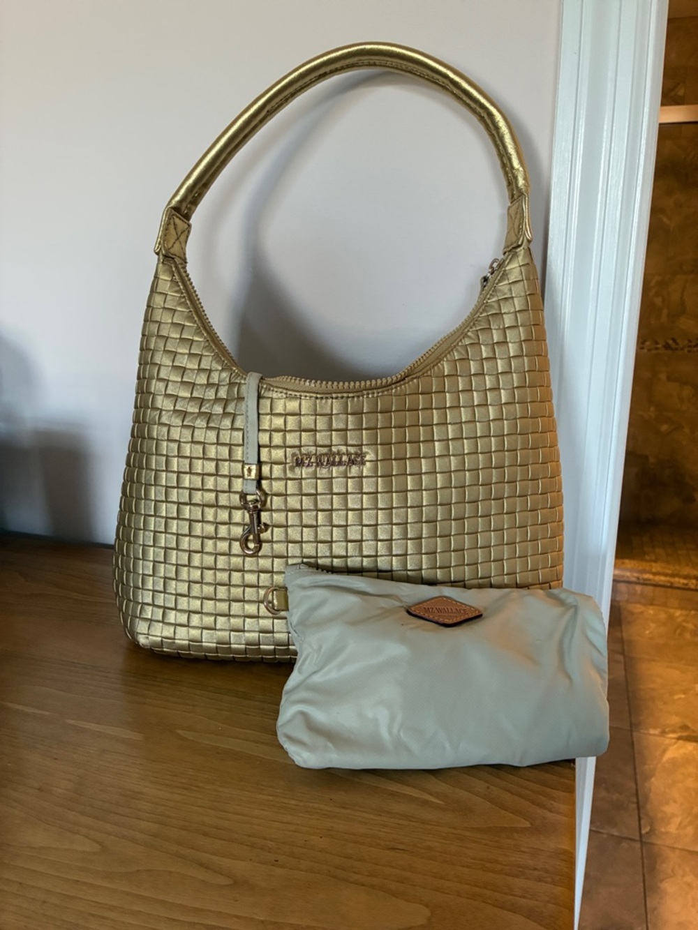 MZ Wallace Metallic Gold Woven Shoulder Bag with Cream Detachable Pouch..